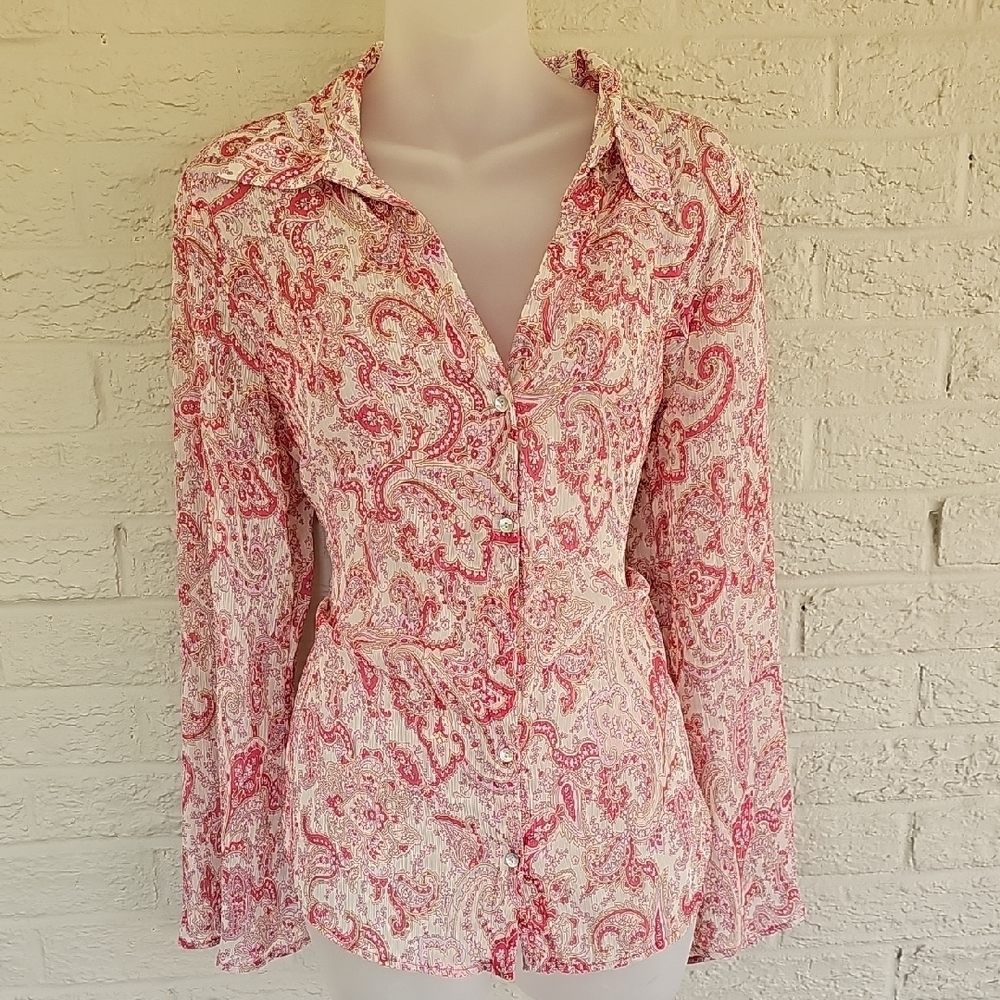 Zara Pink and White Fitted Notched Collar Blouse